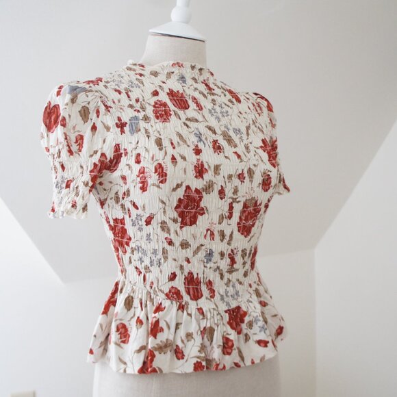 Reformation Aggie Magnolia Puff Sleeve Smocked Peplum Top Size Small NWT - Picture 5 of 16